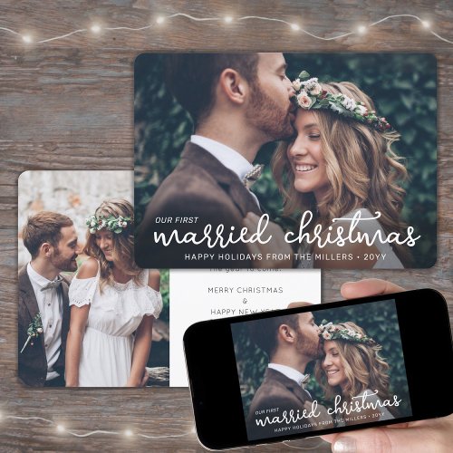 2 Photo Newlyweds 1st Married Christmas White Text Holiday Card