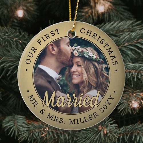 2 Photo Newlyweds 1st Xmas Married Black and Gold Ceramic Ornament