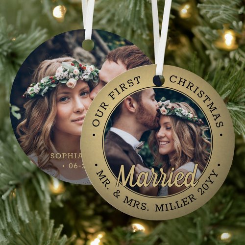 2 Photo Newlyweds 1st Xmas Married Black and Gold Metal Ornament