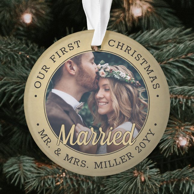 2 Photo Newlyweds 1st Xmas Married Black and Gold Ornament (Creator Uploaded)
