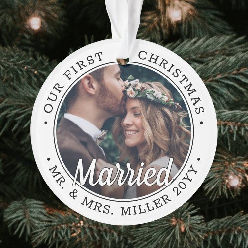 2 Photo Newlyweds 1st Xmas Married Black and White Ornament