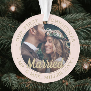 2 Photo Newlyweds 1st Xmas Married Blush Pink Gold Ornament