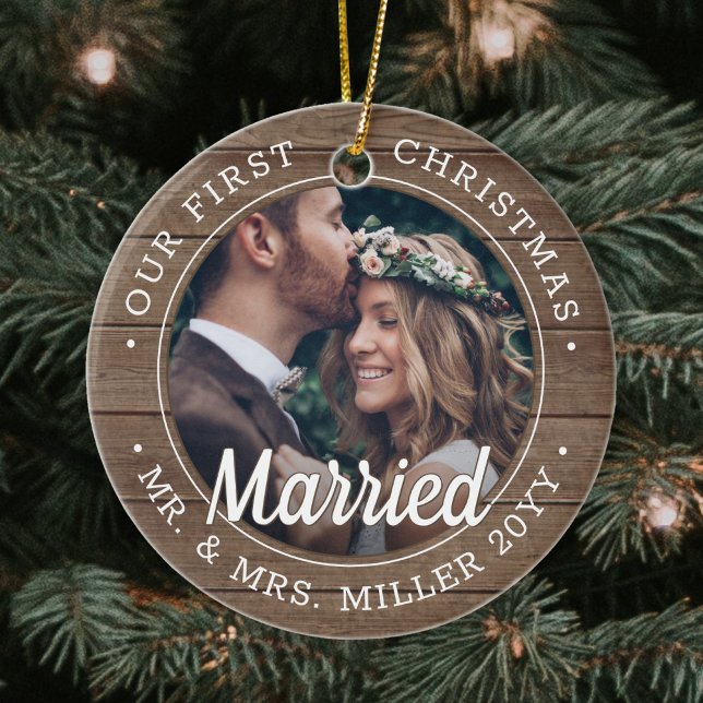 2 Photo Newlyweds 1st Xmas Married Faux Barn Wood Ceramic Ornament (Creator Uploaded)