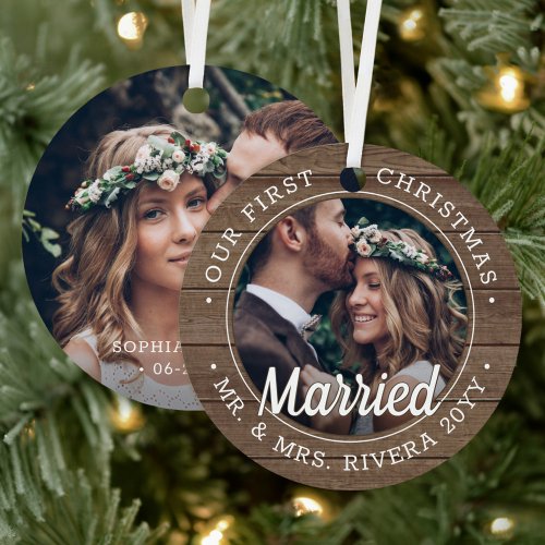 2 Photo Newlyweds 1st Xmas Married Faux Barn Wood Metal Ornament