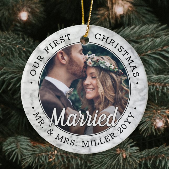 2 Photo Newlyweds 1st Xmas Married Faux Marble Ceramic Ornament (Creator Uploaded)