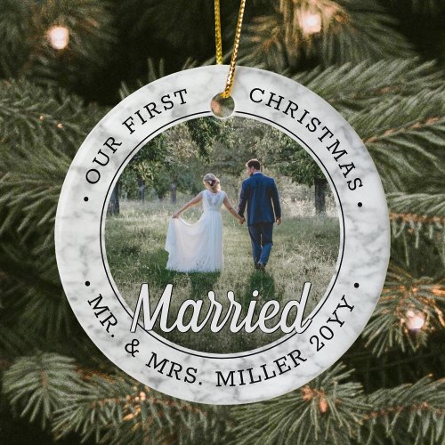 2 Photo Newlyweds 1st Xmas Married Faux Marble Ceramic Ornament
