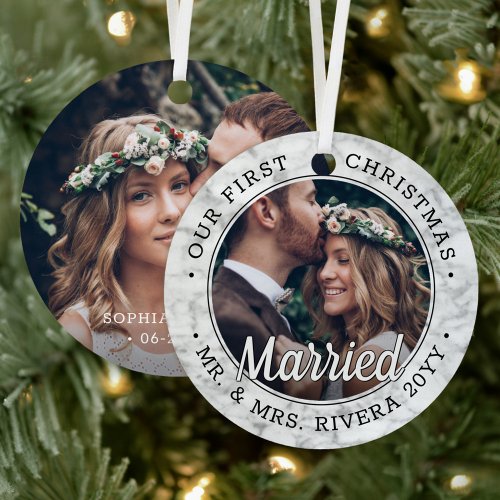 2 Photo Newlyweds 1st Xmas Married Faux Marble Metal Ornament