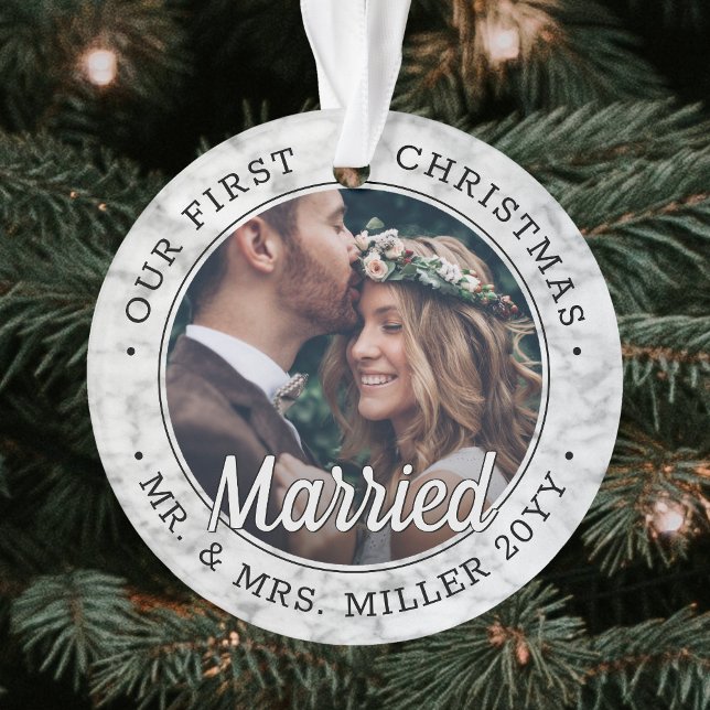 2 Photo Newlyweds 1st Xmas Married Faux Marble Ornament (Creator Uploaded)