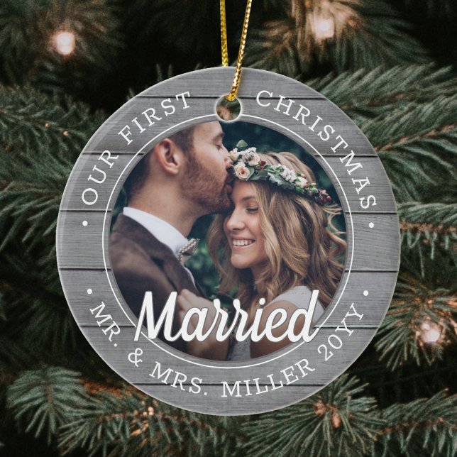 2 Photo Newlyweds 1st Xmas Married Gray Faux Wood Ceramic Ornament (Creator Uploaded)