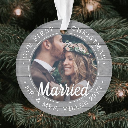 2 Photo Newlyweds 1st Xmas Married Gray Faux Wood Ornament