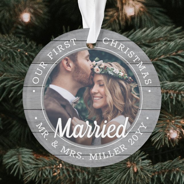 2 Photo Newlyweds 1st Xmas Married Gray Faux Wood Ornament (Creator Uploaded)