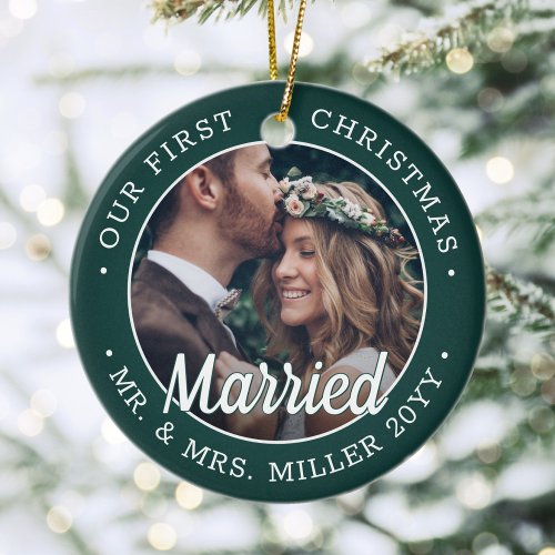 2 Photo Newlyweds 1st Xmas Married Green and White Ceramic Ornament