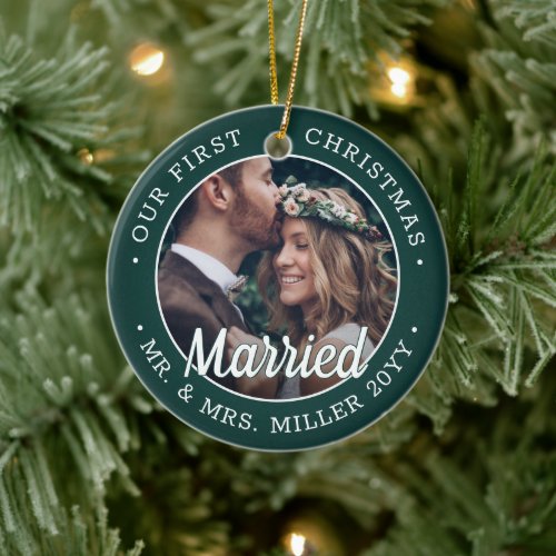 2 Photo Newlyweds 1st Xmas Married Green and White Ceramic Ornament