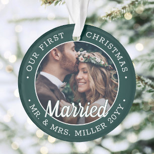 2 Photo Newlyweds 1st Xmas Married Green and White Ornament