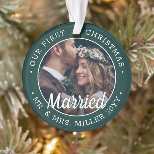 2 Photo Newlyweds 1st Xmas Married Green and White Ornament
