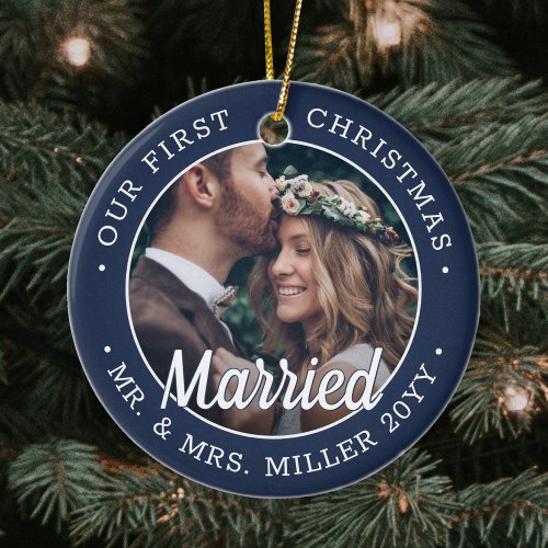 2 Photo Newlyweds 1st Xmas Married Navy Blue White Ceramic Ornament