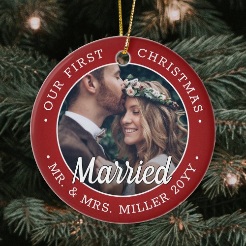 2 Photo Newlyweds 1st Xmas Married Red and White Ceramic Ornament