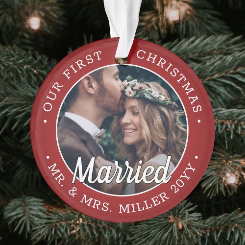 2 Photo Newlyweds 1st Xmas Married Red and White Ornament