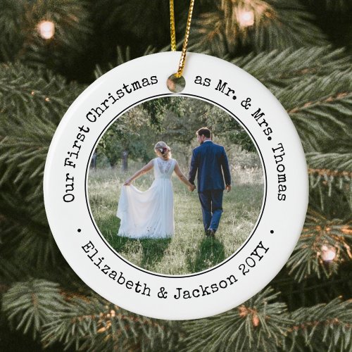 2 Photo Newlyweds First Christmas Black and White Ceramic Ornament