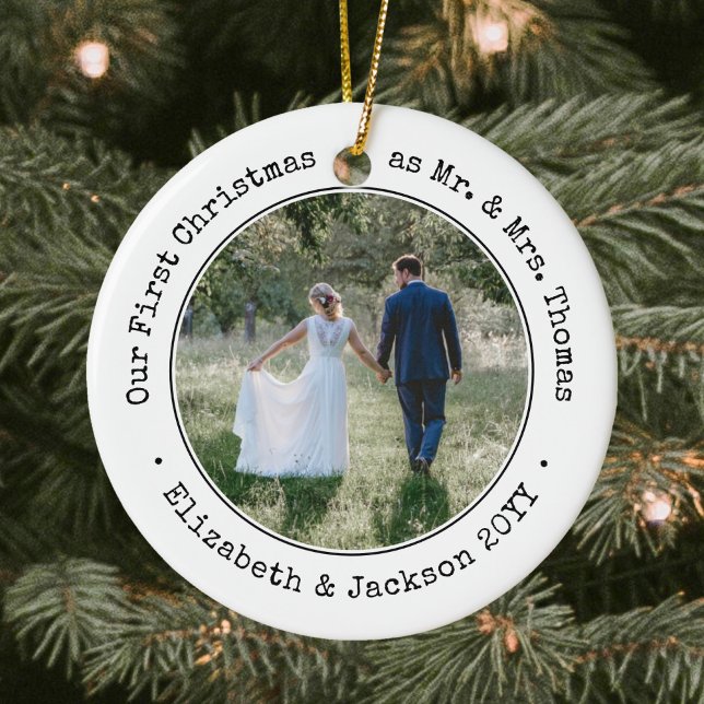 2 Photo Newlyweds First Christmas Black and White Ceramic Ornament (Creator Uploaded)