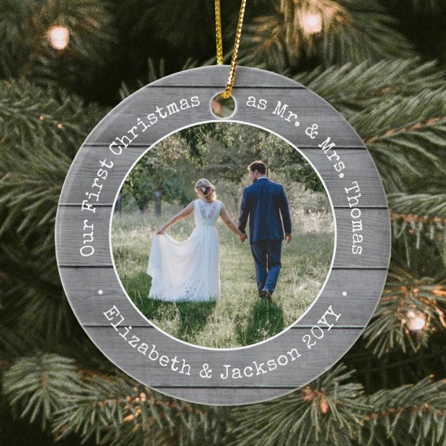 2 Photo Newlyweds First Christmas Faux Gray Wood Ceramic Ornament (Creator Uploaded)