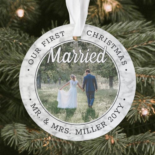 2 Photo Newlyweds First Xmas Married Faux Marble Ornament