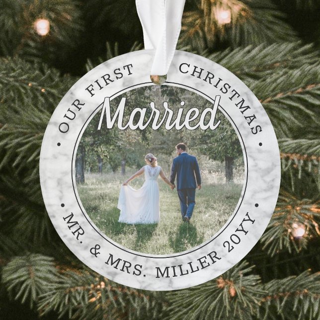 2 Photo Newlyweds First Xmas Married Faux Marble Ornament (Creator Uploaded)