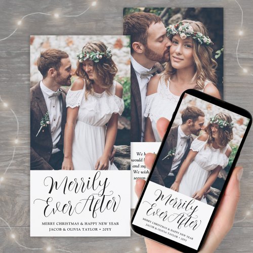 2 Photo Newlyweds Modern Script Merrily Ever After Holiday Card