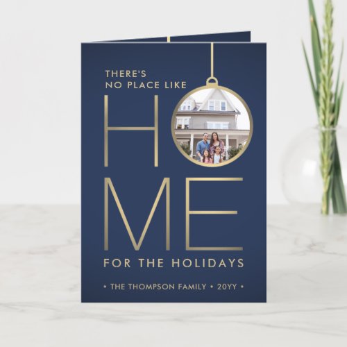 2 Photo No Place Like Home Elegant Navy Blue Gold Holiday Card
