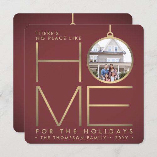 2 Photo No Place Like Home Modern Burgundy  Gold Holiday Card