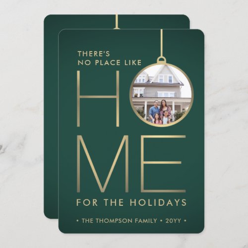 2 Photo No Place Like Home Modern Green and Gold Holiday Card