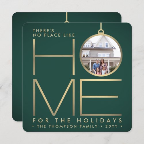 2 Photo No Place Like Home Modern Green and Gold Holiday Card