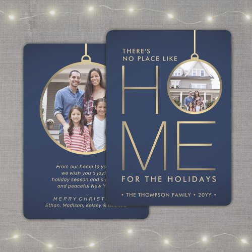 2 Photo No Place Like Home Modern Navy Blue  Gold Holiday Card