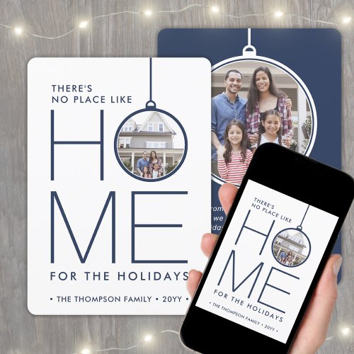 2 Photo No Place Like Home Simple Modern Navy Blue Holiday Card