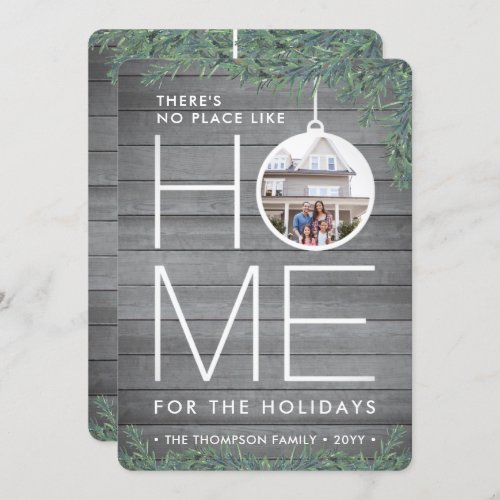 2 Photo No Place Like Home Simple Modern Wood Pine Holiday Card