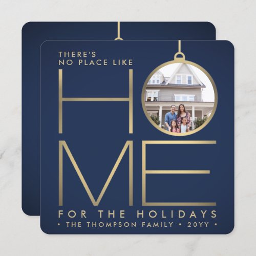 2 Photo No Place Like Home Simple Navy Blue  Gold Holiday Card