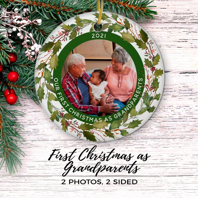 2-Photo Our 1st Christmas as Grandparents Wreath Ceramic Ornament (Creator Uploaded)