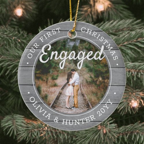 2 Photo Our 1st Christmas Engaged Faux Gray Wood Ceramic Ornament