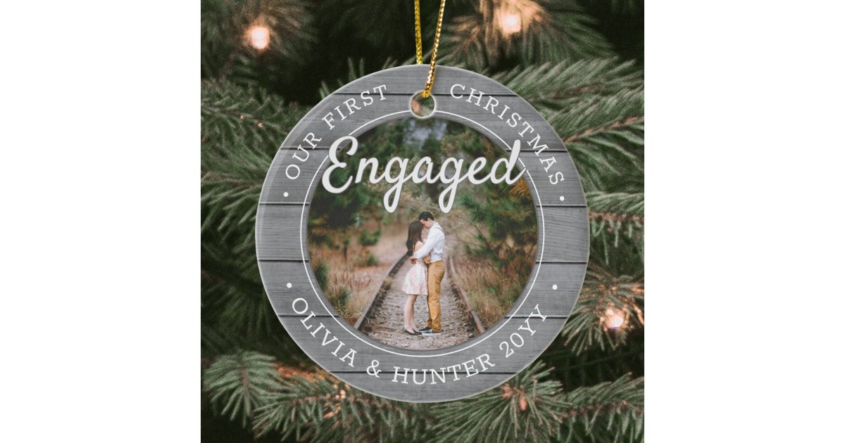 2 Photo Our 1st Christmas Engaged Faux Gray Wood Ceramic Ornament | Zazzle