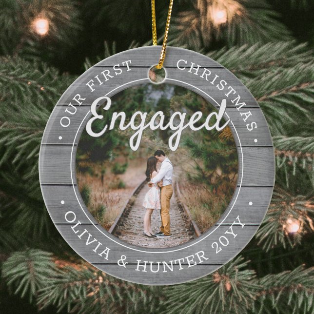 2 Photo Our 1st Christmas Engaged Faux Gray Wood Ceramic Ornament (Creator Uploaded)