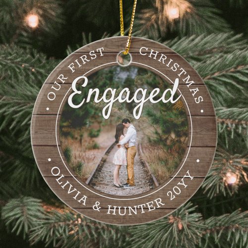 2 Photo Our 1st Christmas Engaged Rustic Faux Wood Ceramic Ornament