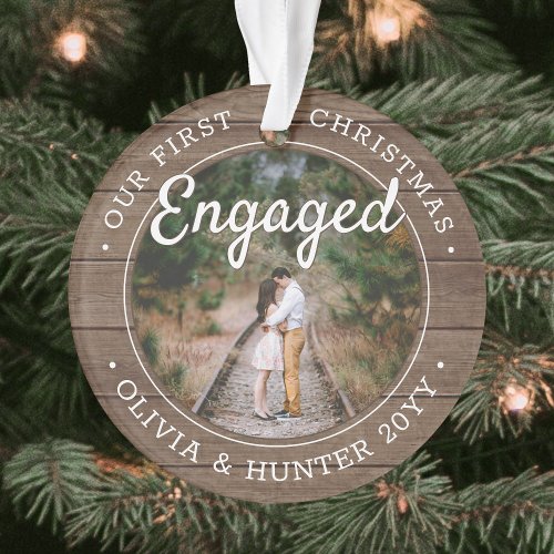 2 Photo Our 1st Christmas Engaged Rustic Faux Wood Ornament