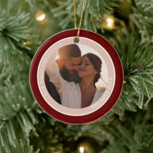 2 Photo Our First Christmas Engaged Beige Blush  Ceramic Ornament