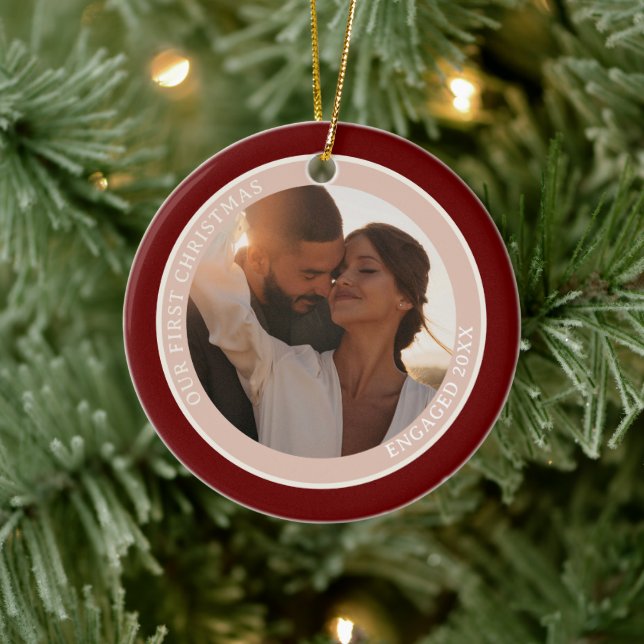 2 Photo Our First Christmas Engaged Beige Blush  Ceramic Ornament (Tree)