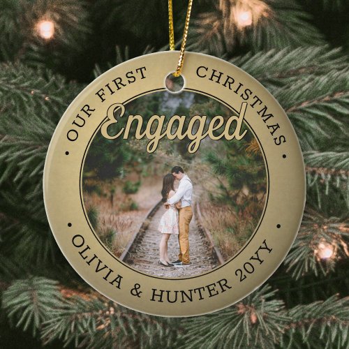 2 Photo Our First Christmas Engaged Black and Gold Ceramic Ornament