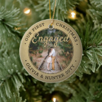 2 Photo Our First Christmas Engaged Black and Gold Ceramic Ornament