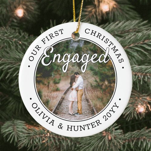 2 Photo Our First Christmas Engaged Black  White Ceramic Ornament