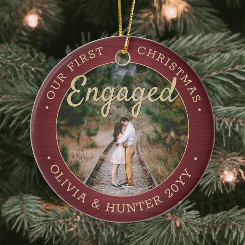 2 Photo Our First Christmas Engaged Burgundy Gold Ceramic Ornament