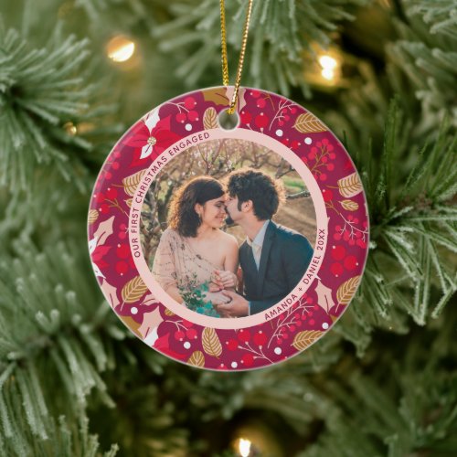 2 Photo Our First Christmas Engaged Dark Pink Red Ceramic Ornament