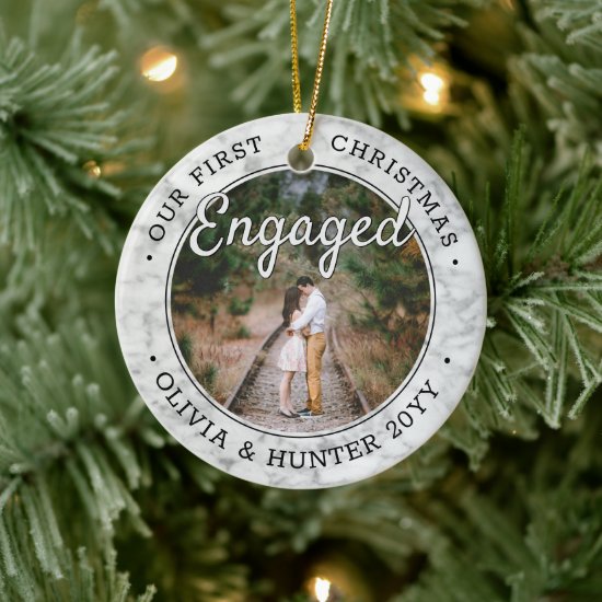 2 Photo Our First Christmas Engaged Faux Marble Ceramic Ornament